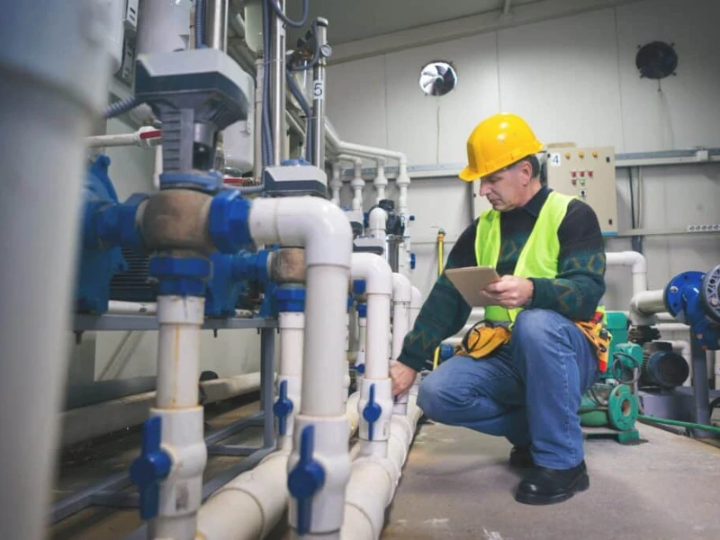 Commercial plumber repairing plumbing at a Wildomar, CA business