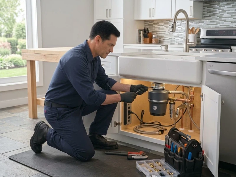Garbage disposal being installed under a kitchen sink in Wildomar, CA