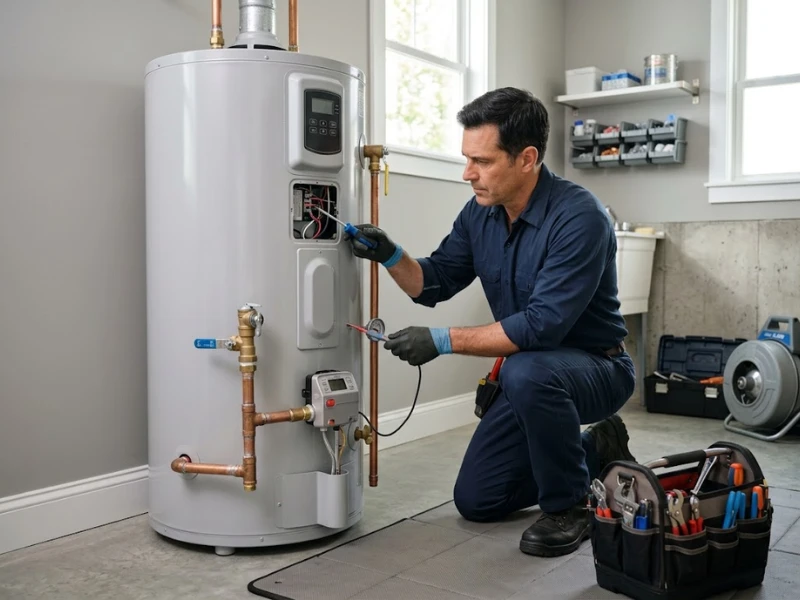 Plumber repairing a water heater in a Wildomar, CA home